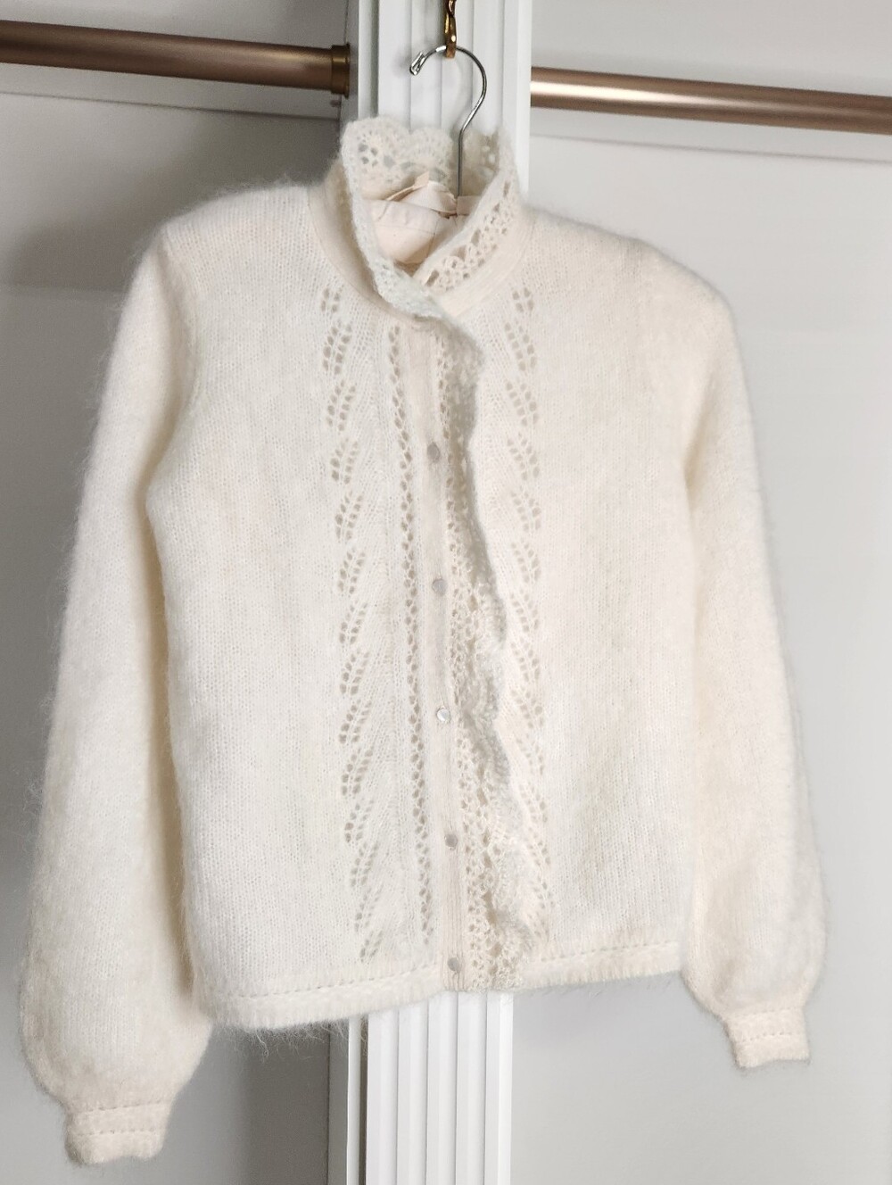 Sezane White Lace-Trim Knit Cardigan